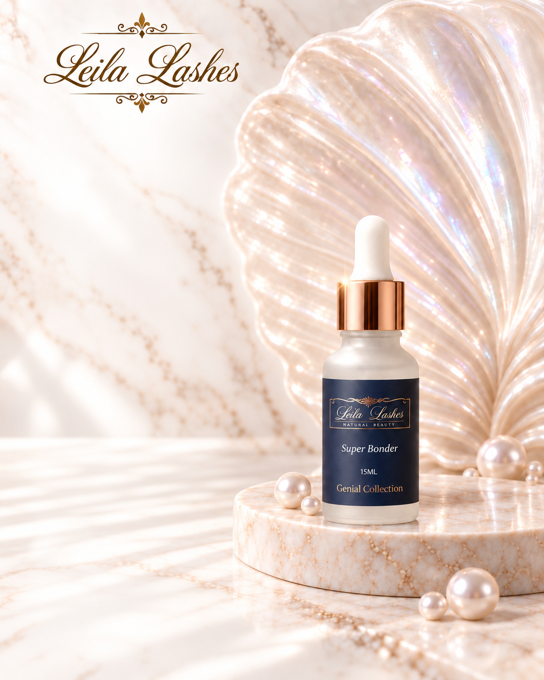 Lash Bonder Genial Leila Lashes pentru extensii de gene, soluție profesională utilizată în procedurile de aplicare a extensiilor.
