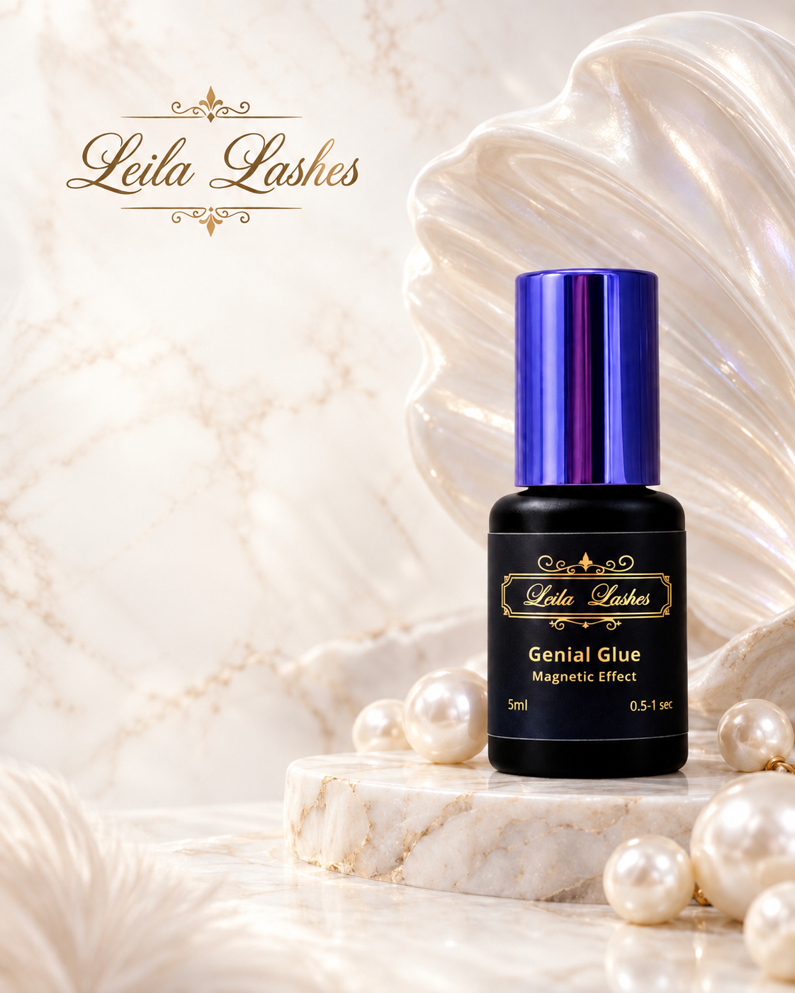 Adeziv GENIAL Leila Lashes pentru extensii de gene, fotografie de prezentare a flaconului de adeziv profesional.
