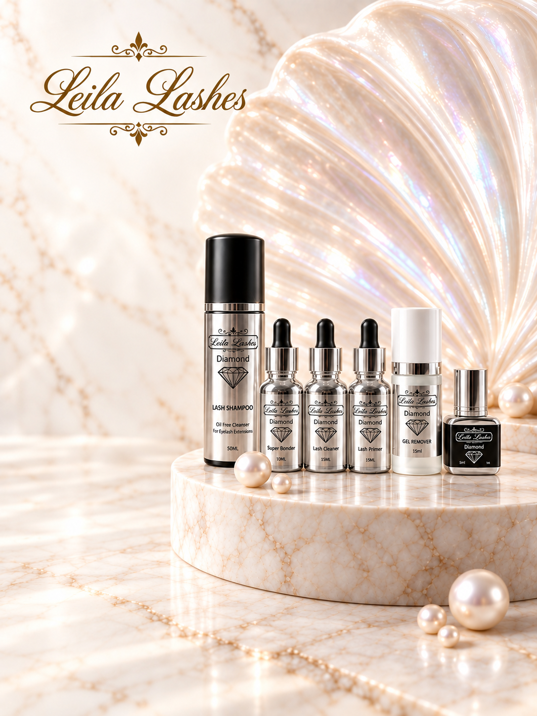 Set Diamond Leila Lashes cu soluții profesionale pentru extensii de gene și adeziv cadou, pachet de produse pentru tehnicieni.