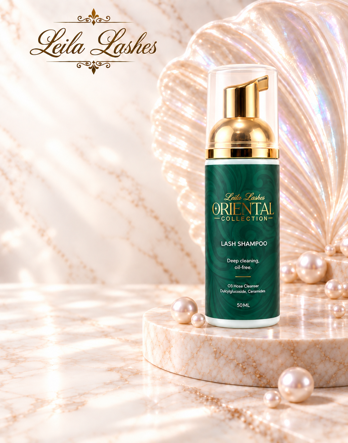 Lash Shampoo Oriental Leila Lashes, șampon pentru curățarea genelor, produs de îngrijire și igienă a genelor.