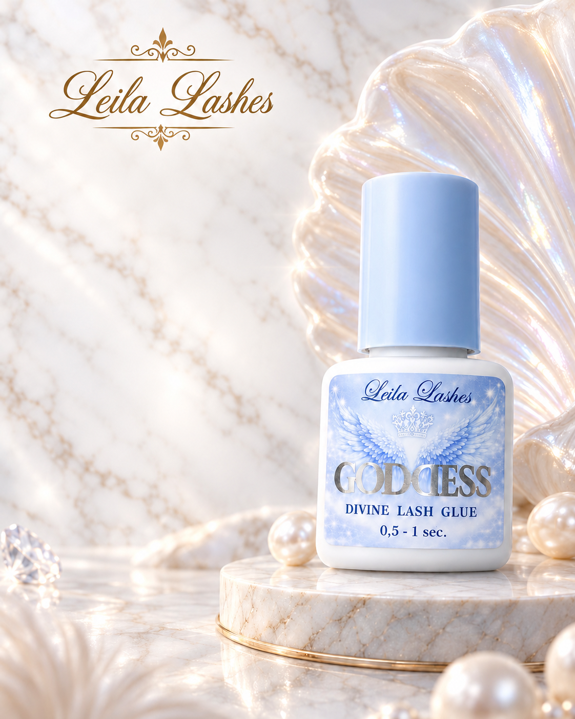 Adeziv GODDESS Leila Lashes pentru extensii de gene, flacon alb cu capac albastru, pe fundal decorativ cu perle.
