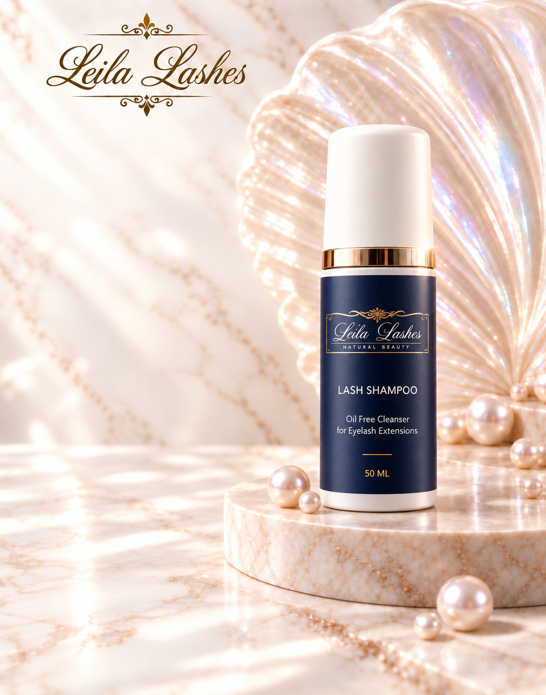 Lash Shampoo Genial Leila Lashes, șampon pentru curățarea genelor, produs de îngrijire și igienă a genelor.